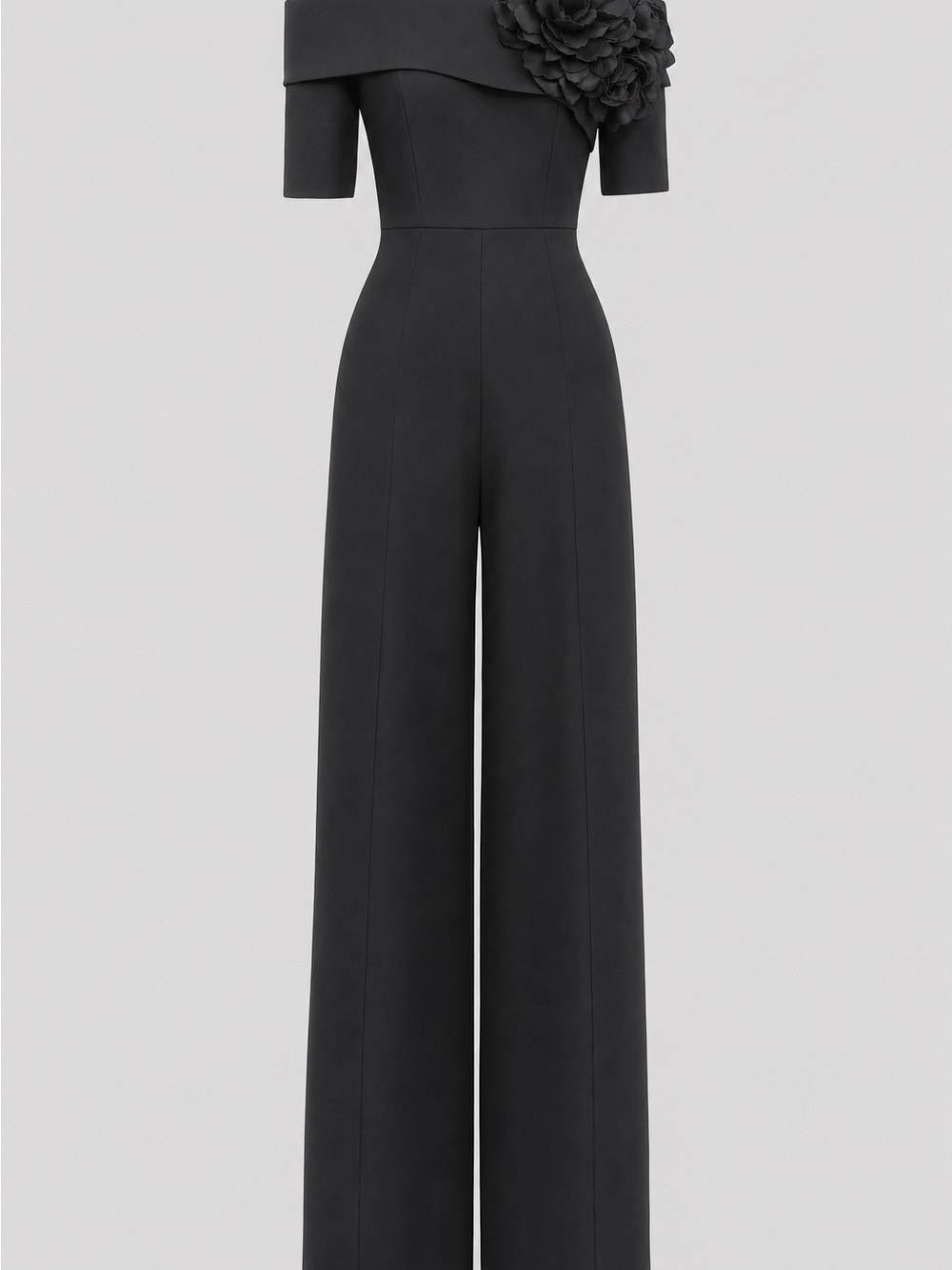 Off-Shoulder Wide-Leg Jumpsuit with Floral Applique in Black